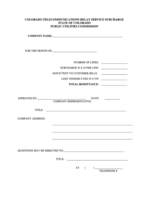 Colorado Telecommunications Relay Service Surcharge Form Printable pdf