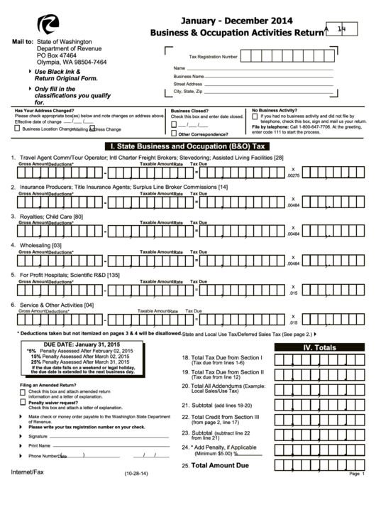 Form A-14 - Business & Occupation Activities Return - 2014 Printable pdf
