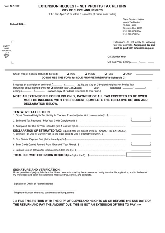 Form N-7-Ext - Extension Request - Net Profits Tax Return Printable pdf