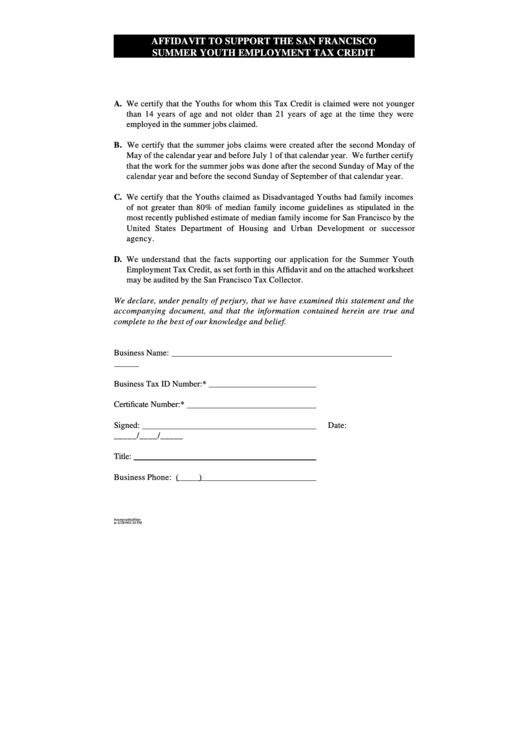 Affidavit To Support The San Francisco Summer Youth Employment Tax Credit Printable pdf