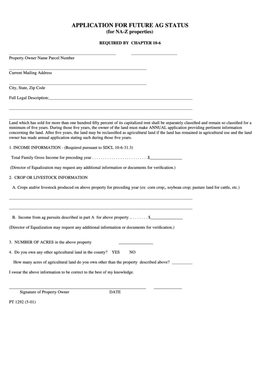 Form Pt 1292 - Application For Future Ag Status - 2001 Printable pdf