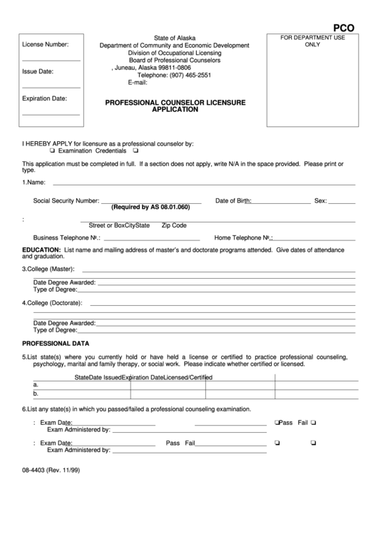 Form 08-4403 - Professional Counselor Licensure Application Printable pdf