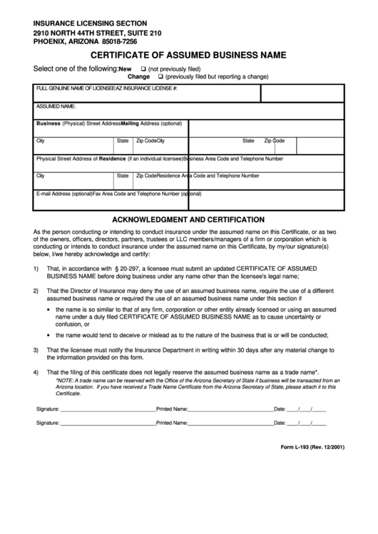 Form L-193 - Certificate Of Assumed Business Name Printable pdf