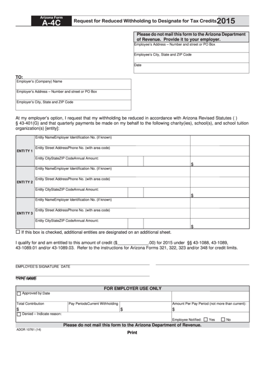 Fillable Arizona Form A-4c - Request For Reduced Withholding To Designate For Tax Credits - 2015 Printable pdf