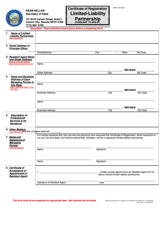 Certificate Of Registration Limited-Liability Partnership (Pursuant To Nrs 87) Printable pdf