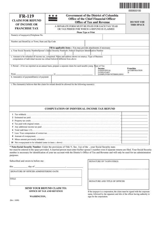 Form Fr-119 - Claim For Refund Of Income Or Franchise Tax - 2000 Printable pdf