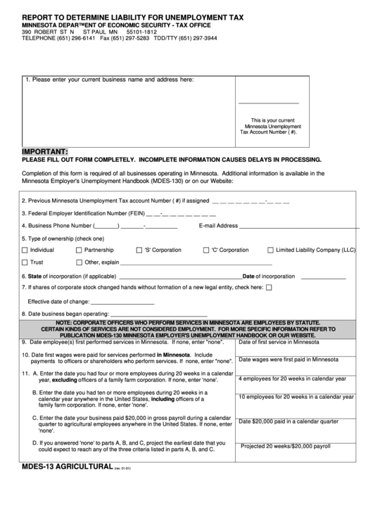 Form Mdes-13 - Report To Determine Liability For Unemployment Tax - Agricultural - 2001 Printable pdf