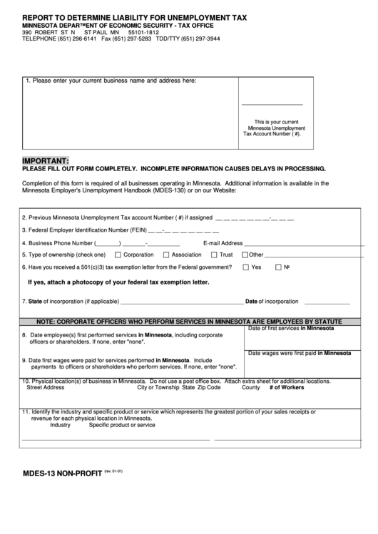 Form Mdes-13 - Report To Determine Liability For Unemployment Tax - Non-Profit - 2001 Printable pdf