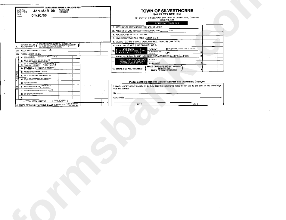 Town Of Silverthorne Sales Tax Return Form - State Of Colorado