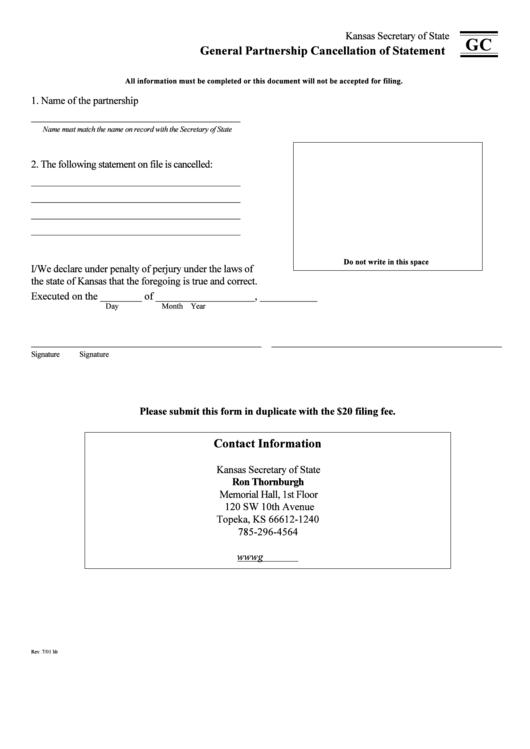 General Partnership Cancellation Of Statement - 2001 Printable pdf