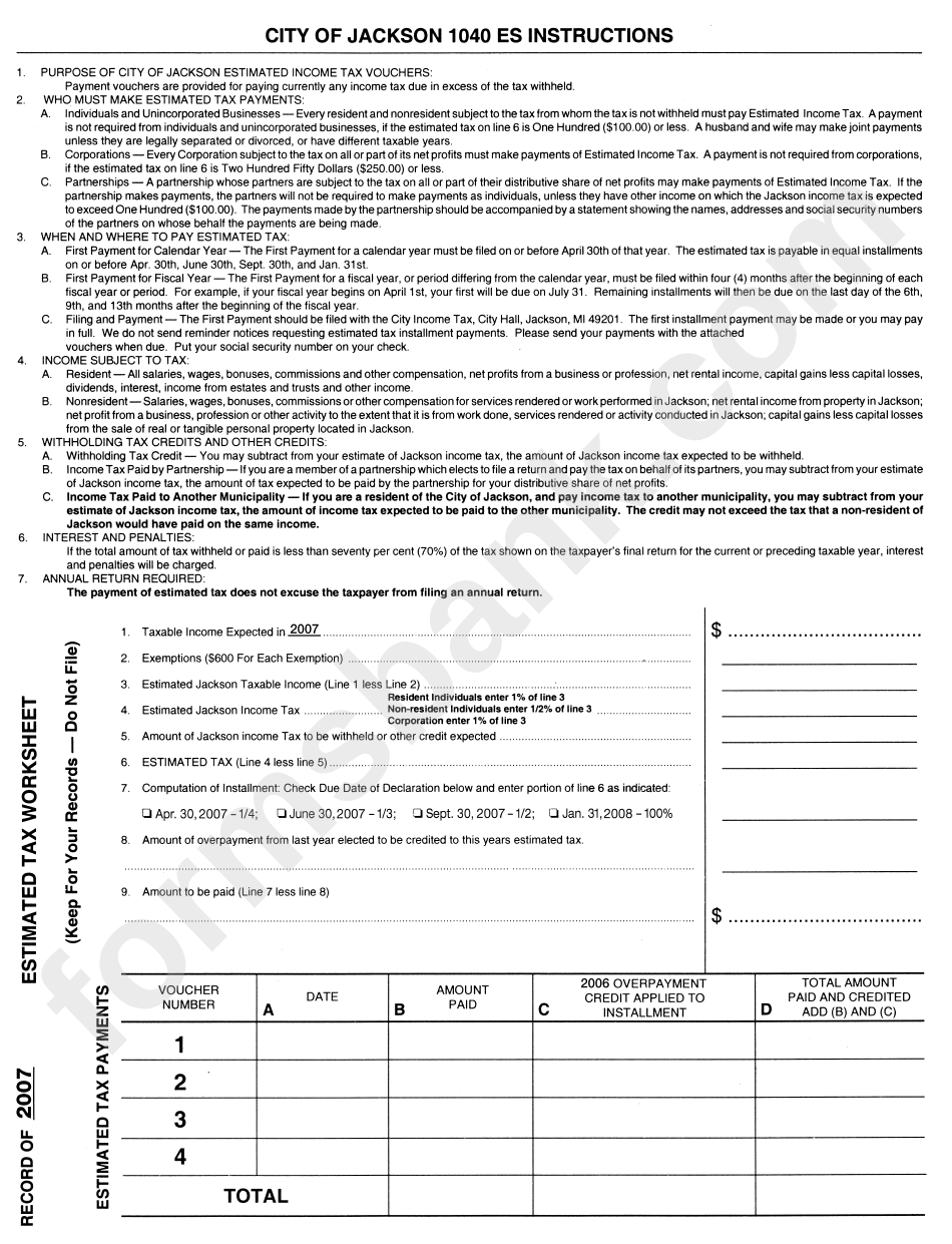 Form 1040 Es - City Of Jackson 1040 Es Instructions