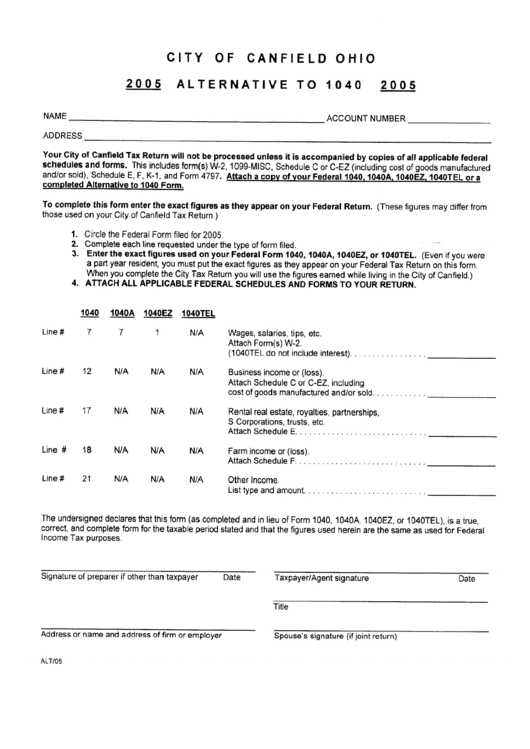 City Of Canfield Ohio Tax Return Form Alternative To 1040 - 2005 Printable pdf