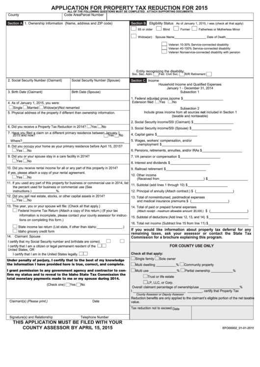 Application For Property Tax Reduction - Idaho County Assessor - 2015 Printable pdf