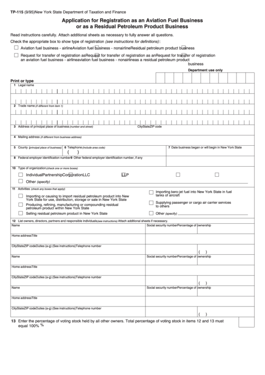 Form Tp-115 - Application For Registration As An Aviation Fuel Business Or As A Residual Petroleum Product Business Printable pdf