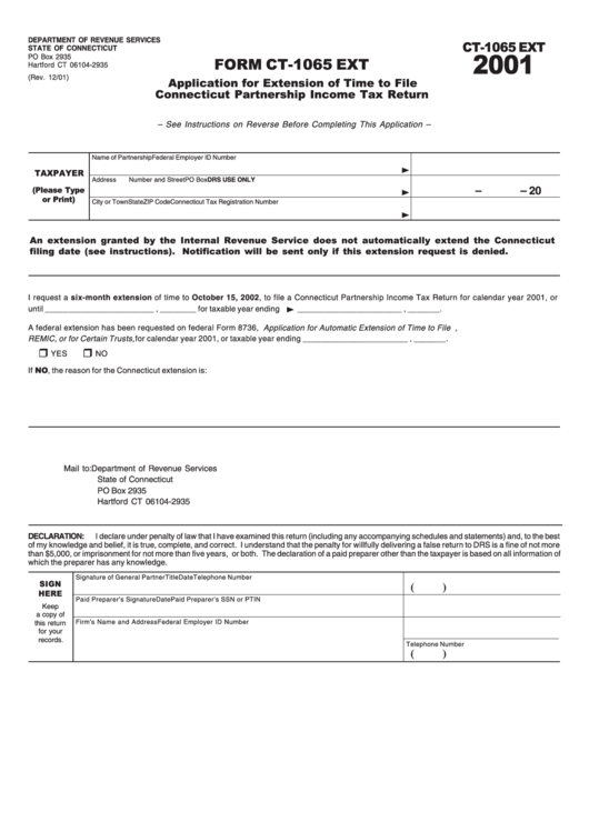 Form Ct-1065 Ext - Application For Extension Of Time To File Connecticut Partnership Income Tax Return 2001 Printable pdf