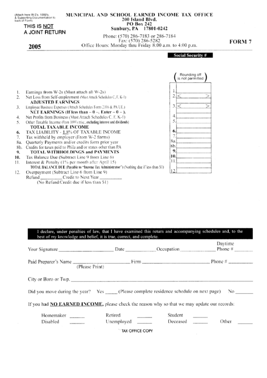 Form 7 - Municipal And School Earned Income Tax Office - 2005 Printable pdf