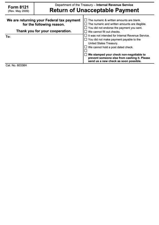 Fillable Form 8121 - Return Of Unacceptable Payment Printable pdf