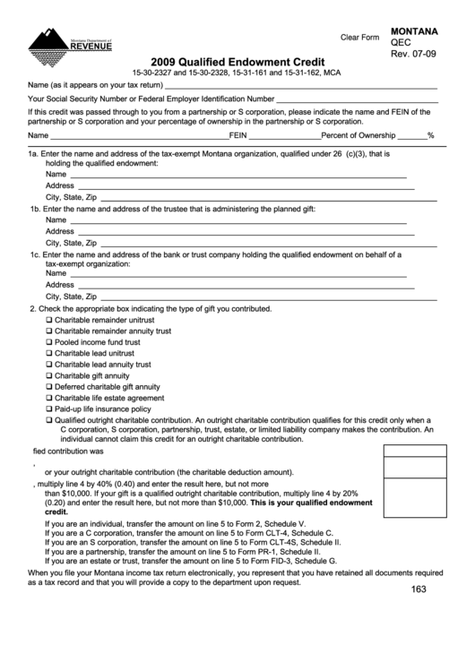 Fillable Montana Form Qec - Qualified Endowment Credit - 2009 Printable pdf