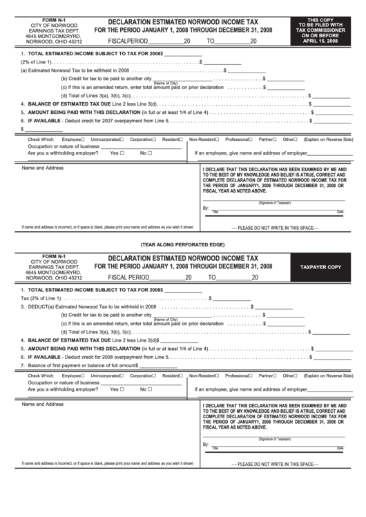 Form N-1 - Declaration Estimated Norwood Income Tax Printable pdf