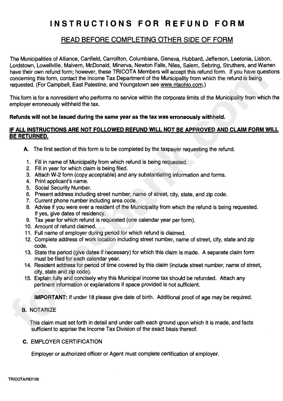 Instructions For Refund Form State Of Ohio printable pdf download
