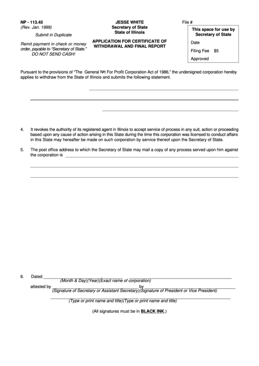 Form Np-113.45 - Application For Certificate Of Withdrawal And Final Report Printable pdf