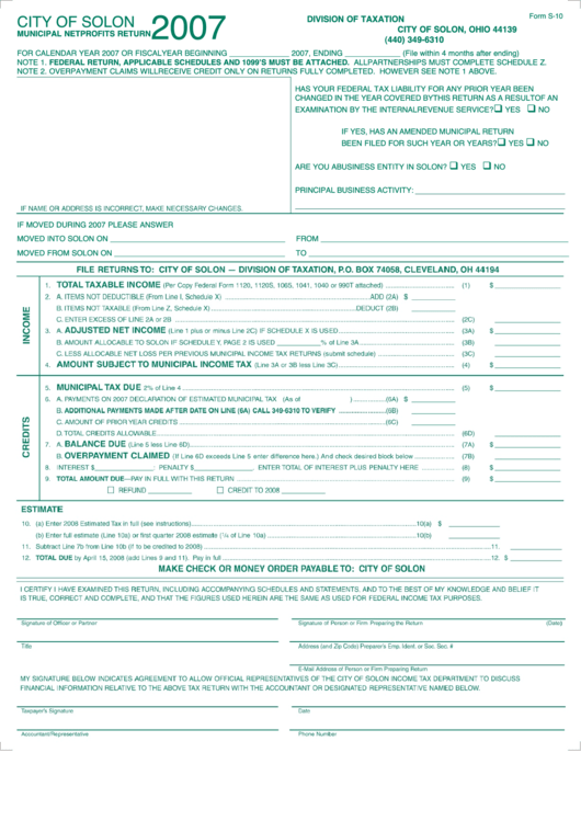 Form S-10 - Minucipal Profits Return - City Of Solon - 2007 Printable pdf