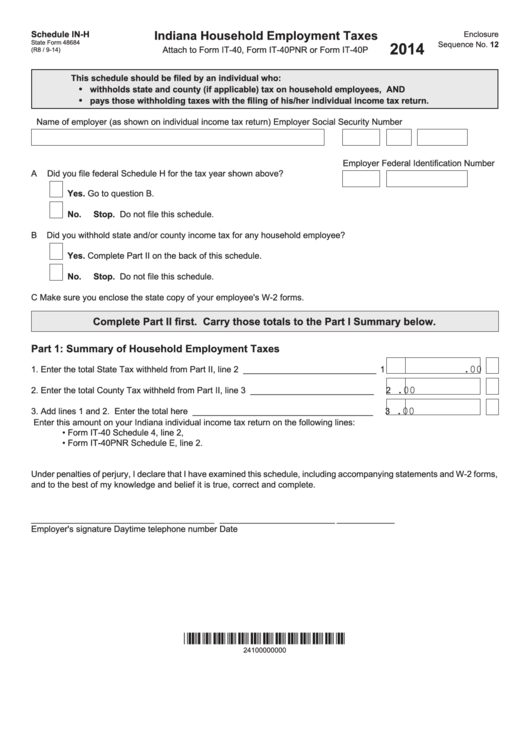 Form 48684 - Schedule In-H - Indiana Household Employment Taxes - 2014 Printable pdf