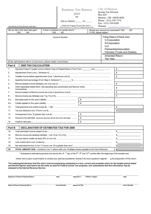 Business Tax Return City Of Monroe 2005 printable pdf download