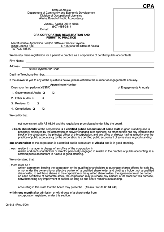 Form 08-612 - Cpa Corporation Registration And Permit To Practice Printable pdf