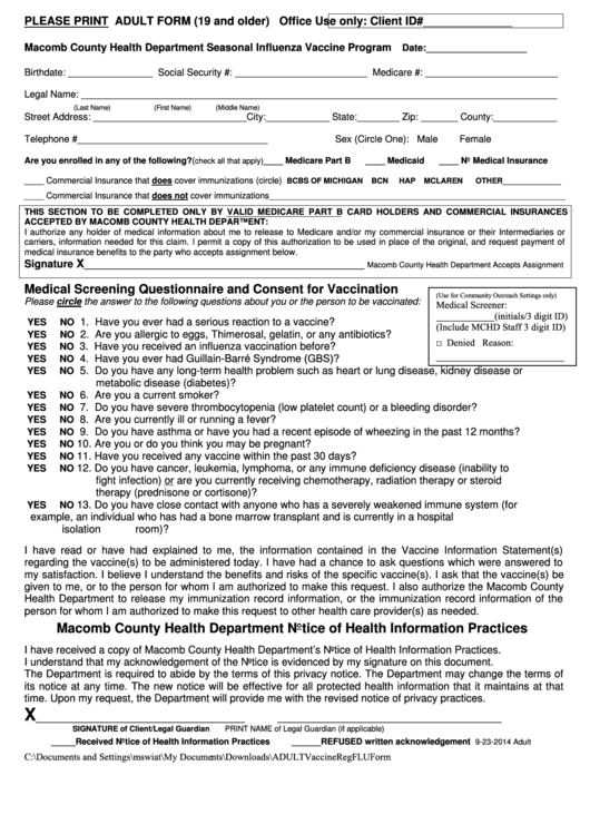 Seasonal Influenza Vaccine Program - Adult Form (19 And Older) Printable pdf