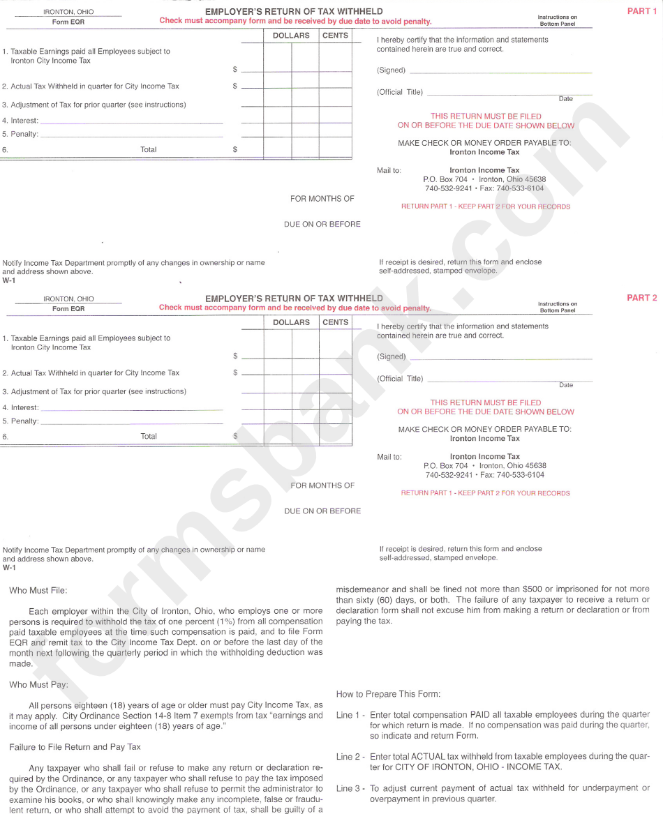 Form Eqr Employer'S Return Of Tax Withheld State Of Ohio printable