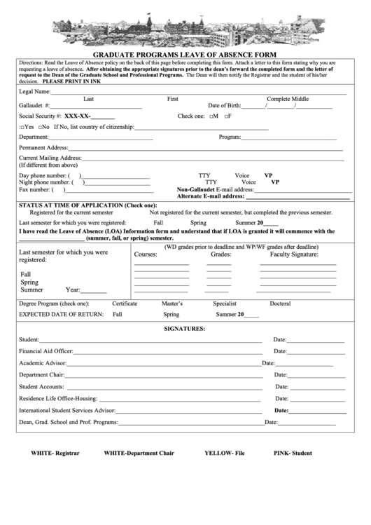 Fillable Graduate Programs Leave Of Absence Form Printable pdf