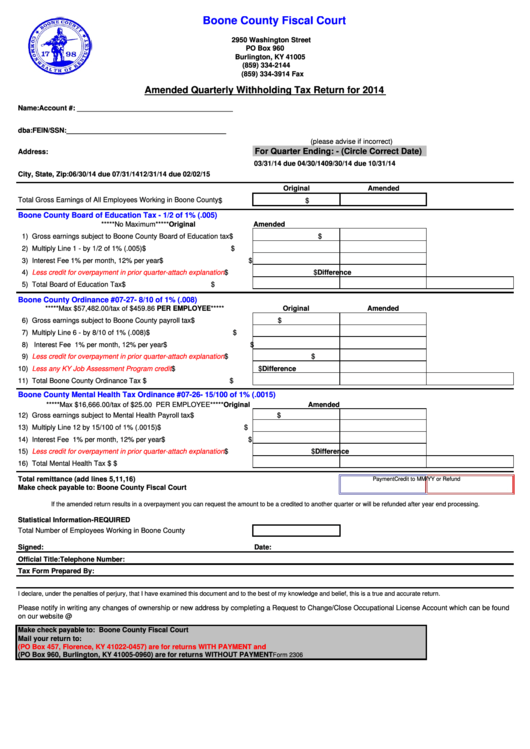 Form 2306 - Amended Quarterly Withholding Tax Return - 2014 Printable pdf