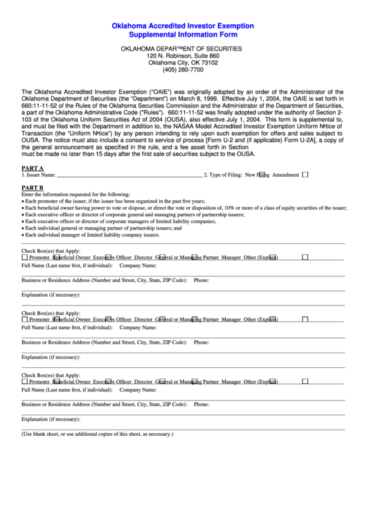 Oklahoma Accredited Investor Exemption Supplemental Information Form Printable pdf