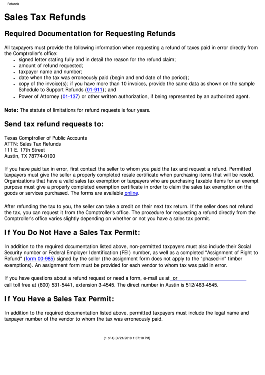 Instructions For Sales Tax Refunds Printable pdf