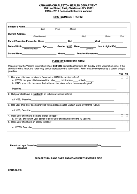 Fillable Shot Consent Form - Kanawha-Charleston Health Department Printable pdf