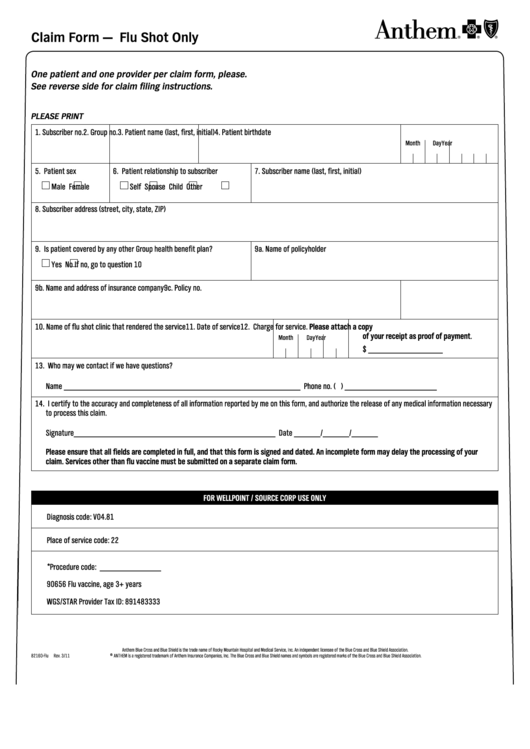 Anthem Claim Form - Flu Shot Only Printable pdf