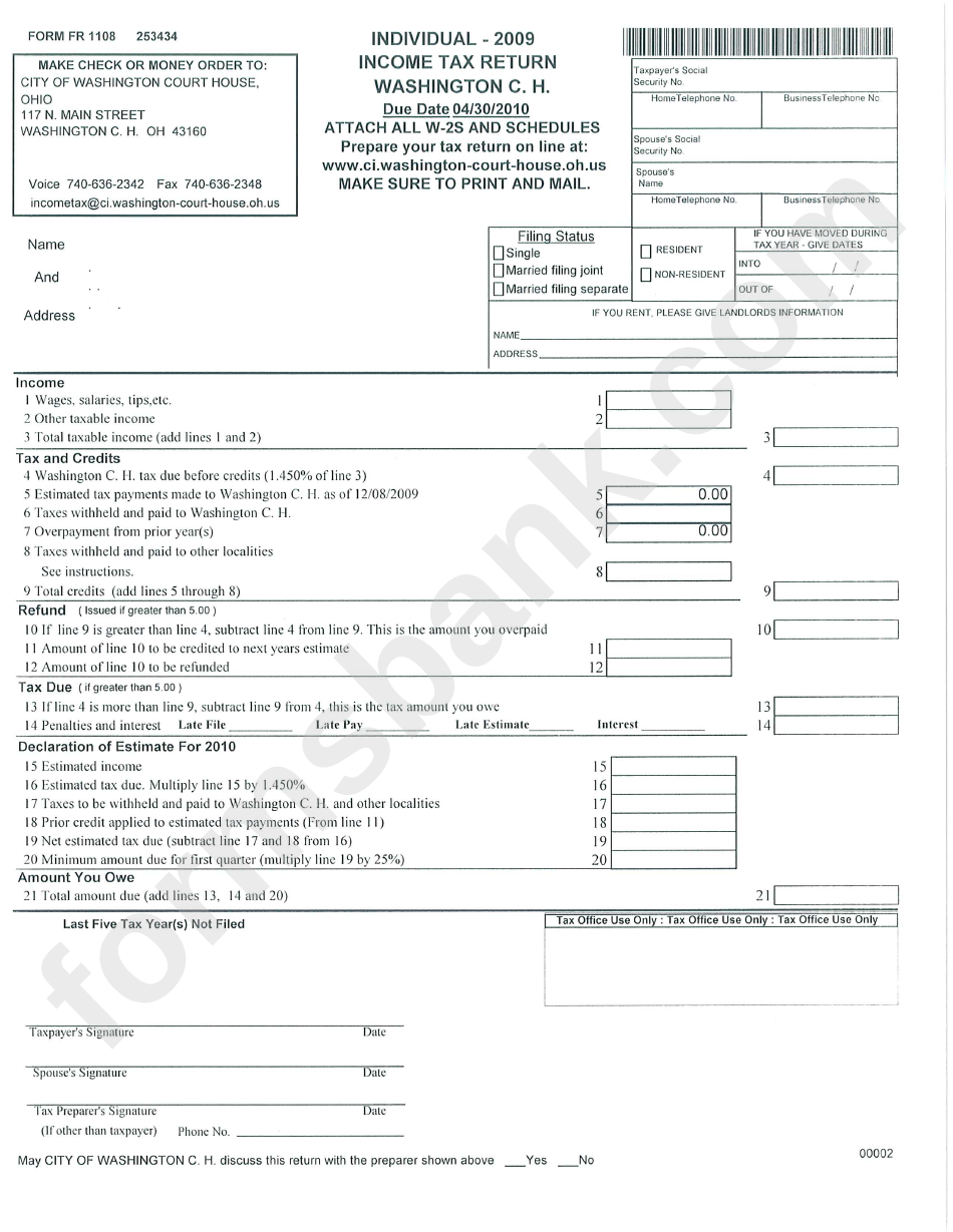 Form Fr 1108 - Income Tax Return - 2009