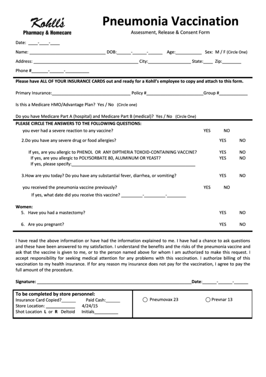 Pneumonia Vaccination - Assessment, Release & Consent Form Printable pdf