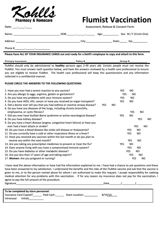 Flumist Vaccination - Assessment, Release And Consent Form Printable pdf