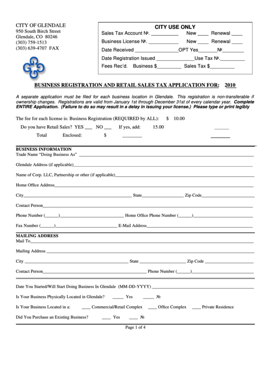 Business Registration And Retail Sales Tax Application For: 2010 - City Of Glendale Printable pdf