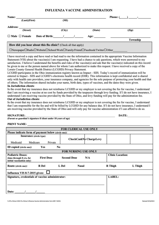 Fillable Influenza Vaccine Administration Form Printable pdf