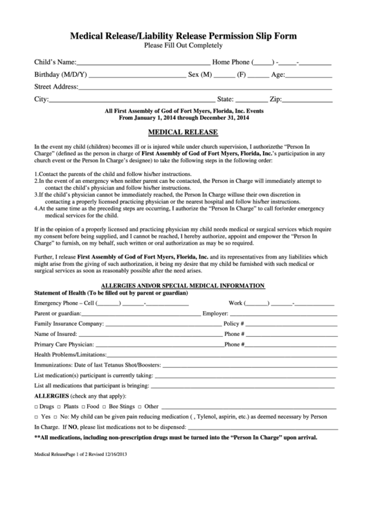 Medical Release Liability Release Permission Slip Form