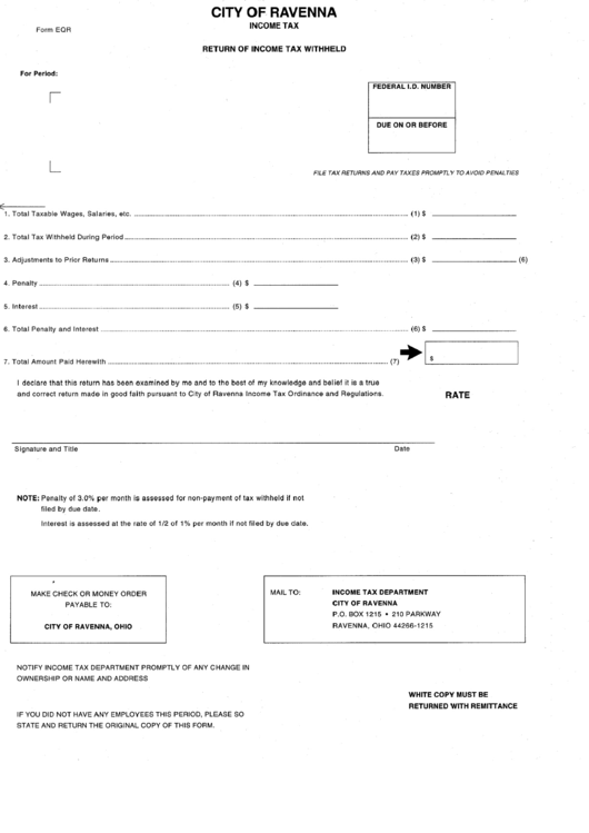 Form Eqr - Return Of Income Tax Withheld - City Of Ravenna Printable pdf