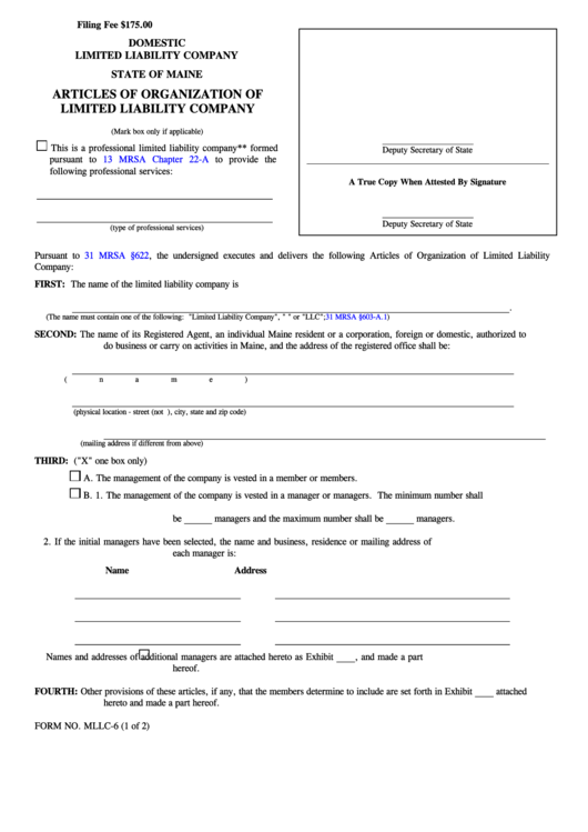 Fillable Form Mllc-6 - Articles Of Organization Of Limited Liability Company Printable pdf