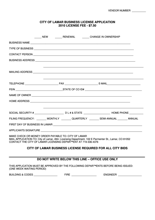 City Of Lamar Business License Application Form - 2010 Printable pdf
