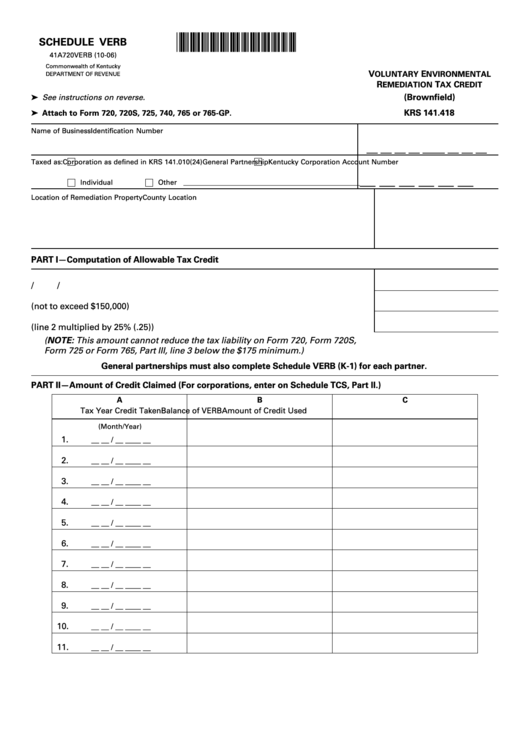 Form 41a720verb - Schedule Verb - Voluntary Environmental Remediation Tax Credit Printable pdf