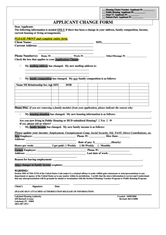 Applicant Change Form Printable pdf