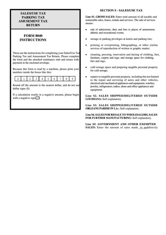 Instructions For Form 8040 - Sales/use Tax,parking Tax,amusement Tax Return Printable pdf