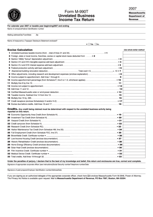 Form M-990t - Unrelated Business Income Tax Return - 2007 Printable pdf